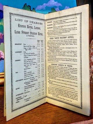 London & North Western Railway -- Irish And Scotch Mail Route. Shortest and Quickest Route from London to Birmingham, Liverpool, Manchester, Chester, Glasgow, Dublin, Belfast, Queenstown. London to Edinburgh; List of charges at the Euston Hotel, London, Lime Street Station Hotel, Liverpool; Menu, Apartments, Baths, Attendance, Visitors' Servants, Fires