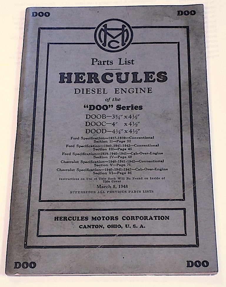 Item #9432 Parts List Hercules [Ford] Diesel Engine of the DOO Series: DOOB, DOOC, DOOD. Hercules Motors Corporation.